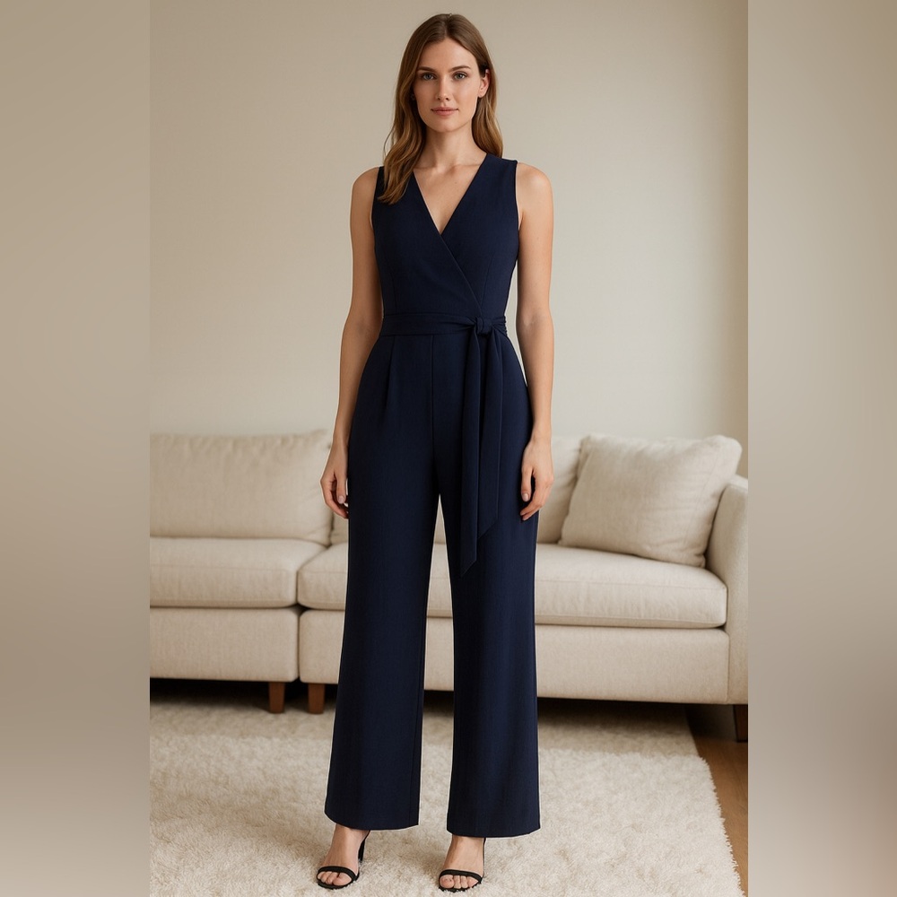 Donna Karan New York Women’s Sleeveless Navy Belted Wide Leg Jumpsuit Size 12